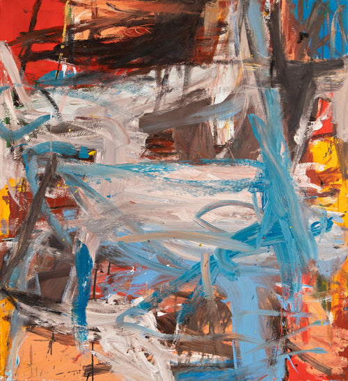 Bold colorful abstract painting by Ethan Newman with a mix of blue, orange, and red colors.