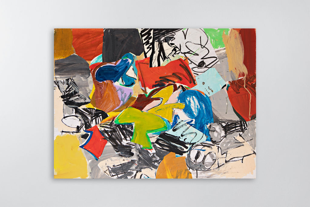 An abstract mixed-media canvas painting by Ethan Newman featuring a vibrant, chaotic mix of colors including red, blue, yellow, green, black, and white, displayed against a neutral light gray background.