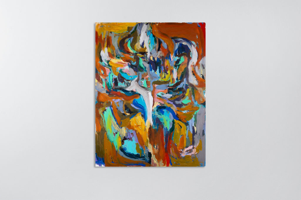 An abstract canvas painting by Ethan Newman featuring expressive, textured brushstrokes in orange, blue, yellow, green, white, and gray, displayed against a neutral light gray wall.