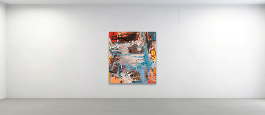 An abstract canvas painting by Ethan Newman with vibrant brushstrokes of blue, orange, red, yellow, and white, displayed on a minimalist white gallery wall.