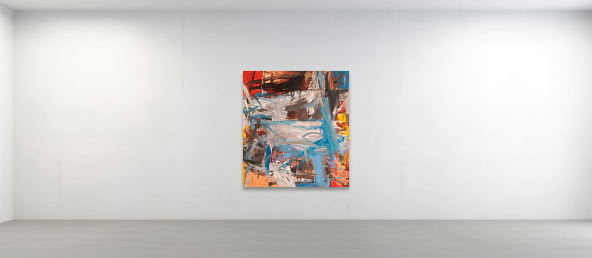 An abstract canvas painting by Ethan Newman with vibrant brushstrokes of blue, orange, red, yellow, and white, displayed on a minimalist white gallery wall.