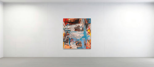 An abstract canvas painting by Ethan Newman with vibrant brushstrokes of blue, orange, red, yellow, and white, displayed on a minimalist white gallery wall.